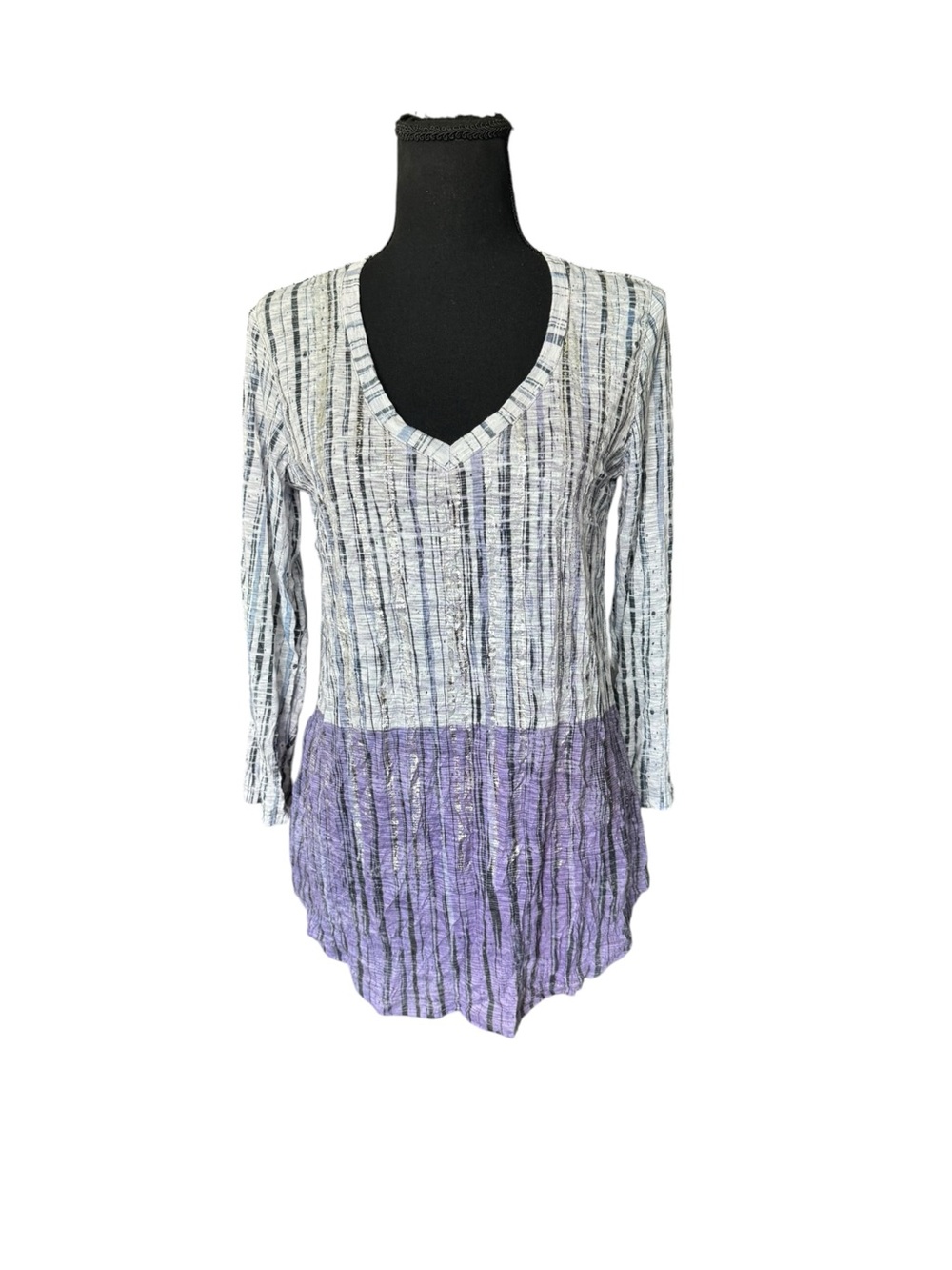 David Cline M Grape Purple Metallic Crinkle V Neck Tunic Top Artsy Boho